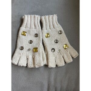 Betsey Johnson Ivory Knit Fingerless Gloves Rhinestone Embellished Gem Cream OS